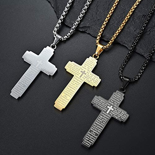 Rehoboth Stainless Steel Our Father Lord's Prayer Cross Pendant Necklace for Women Men Chain 24 Inch Black - Thumbnail 5