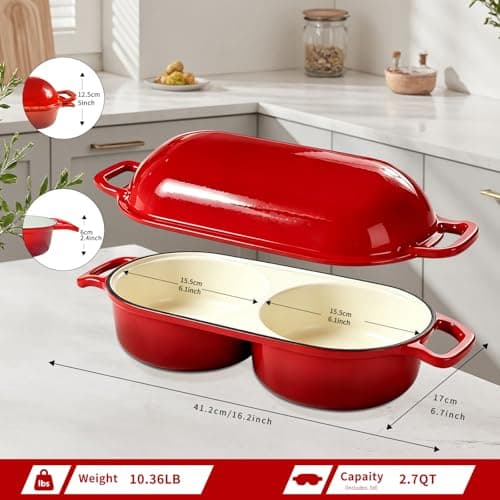 Double Loaf Dutch Oven with Lid, Enameled Cast Iron Bread Pan, Dual Compartment for Baking Sourdough Loaves, Even Heat, Non-Stick And Oven Safe 500°F, Red - Thumbnail 2