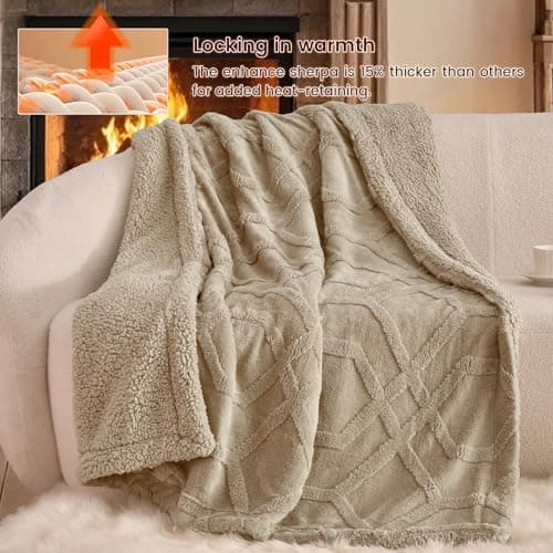 PHF Fluffy Sherpa Throw Blanket for Winter, Warm and Cozy, 510GSM 3D Tufted Shaggy Fleece Blanket for Couch, Khaki, 50"x60" - Thumbnail 2