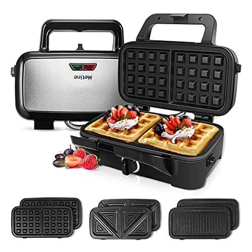Metine 3-in-1 Belgian Waffle Maker 1200W, Breakfast Sandwich Maker & Waffle Iron with Removable Nonstick Plates, 5-Gear Temperature Control, Cool Touch Handle, Easy to Clean for Family Breakfast