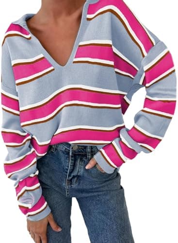 EVALESS Sweaters for Women Long Sleeve V Neck Striped Knit Loose Drop Shoulder Jumper Fall Lightweight Henley Pullover Junior Tops Winter Clothes S Rose - Image 1