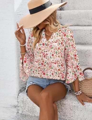 LOOKBOHO Womens 3/4 Sleeve Tops Dressy Casual Floral Boho Blouses Ruffle Sleeve Button V-Neck Trendy Shirts White&Red L - Thumbnail 2