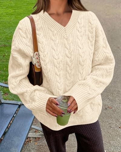 Okiwam Women's Oversized Sweaters Long Sleeve V Neck Cable Knit Pullover Tops Fall Outfits Spring Fashion Clothes 2026-XS Beige - Thumbnail 4