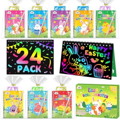 ZMLM Easter Classroom Gifts For Students: 24 Pack Scratch Rainbow Art Notebook Paper, Party Favors For Kids 4-8, Birthday Goodie Bags Stuffers, Student Prizes From Teacher, Kindergarten Toy - Image 1