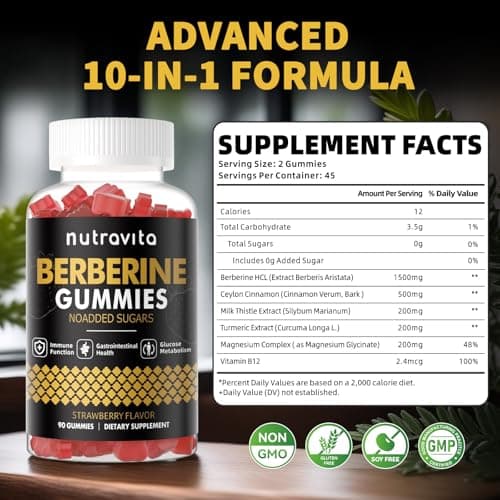 Nutravita Berberine Gummies with Ceylon Cinnamon 1500mg High Potency Berberine HCL Supplement for Immune and Metabolism Support, Sugar Free Organic Berberine Gummies Strawberry Flavor-1PACK - Thumbnail 2