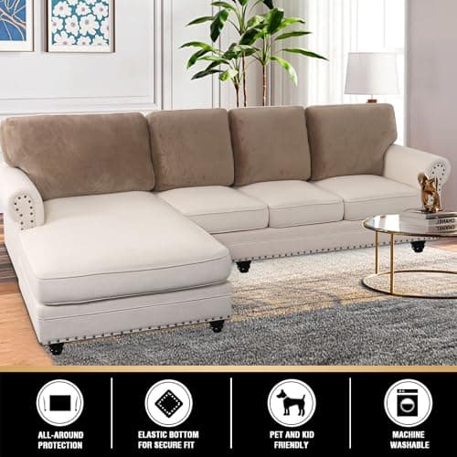 PrinceDeco Sectional Couch Covers Velvet Cushion Covers for Sectional Couch Washable Cushion Covers for Sectional Sofa Pet Friendly Sectional Sofa Slipcovers(1 Chaise Back+ 3 Sofa Back,Taupe) - Thumbnail 2
