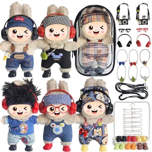 33 Pack Compatible for Labubu Clothes Outfits,Premium Labubu Accessories Case Shoes for 17cm Dolls,Labubu Birthday Party Decoration- Includes 6-Pack Doll Clothes Sets,Camera,Sunglasses (Cool, 17cm)