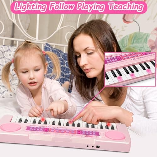 EOOLEOW Kids Piano Keyboard Toys, 37 Keys Music Keyboard Piano for Kid with Microphone, Learning Educational Toddler Keyboard Toys for Kids Ages 3-8 (Pink) - Thumbnail 4