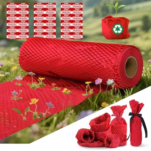 Honeycomb Packing Paper, 12"x300' Red | Perforated Honeycomb Packing Paper Recyclable Moving Supplies for Shipping & Moving | Plastic-Free Alternative to Bubble Cushion Wrap with 36 Fragile Stickers - Image 1