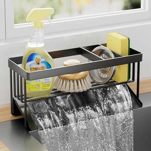 Valdama Kitchen Sink Caddy Organzier with Sponge Holder and Removable Drip Tray for Kitchen Sink, 304 Stainless Steel Organize for Sponge Soap Dish Brush Storage Accessories(Black) - Image 1