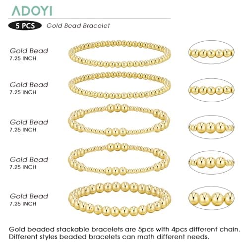 adoyi Gold Bracelets for Women 14K Gold Plated Stackable Beaded Strand Ball Bracelet stack Set Adjustable Non Tarnish Jewelry Sets for Womens Gifts - Thumbnail 6