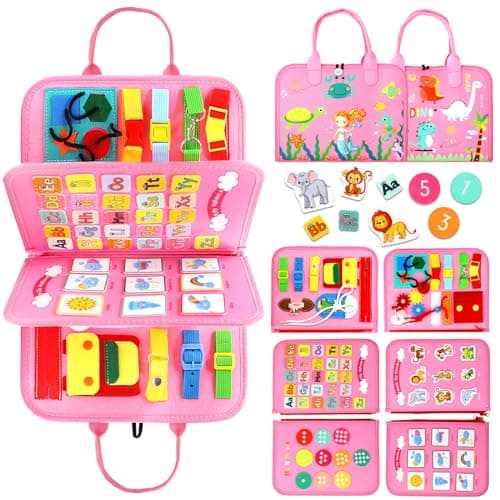 Qizfun Busy Board Montessori Toy for Toddlers, Educational Sensory Learning Toy for Fine Motor Skills, Preschool Travel Toy for Airplane & Car, Gifts for Boys and Girls (Pink/P4) - Image 1