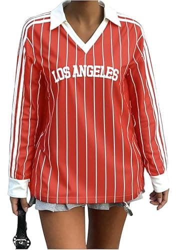 EGELEXY Womens Baseball Shirts Striped Letter Print Y2k Jersey Streetwear Collar V Neck Long Sleeve Pullover Red - Thumbnail 2