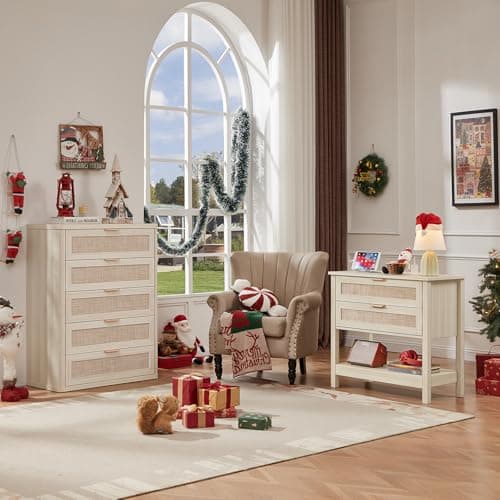 LEYAOYAO 31.5" Wide Rattan Night Stand with Charger Station, Oversized Large Boho Nightstand with 2 Drawer, Grey White Bed Side End Tables, Tall Bedside Table for Bedroom Living Room, Hallway - Thumbnail 6