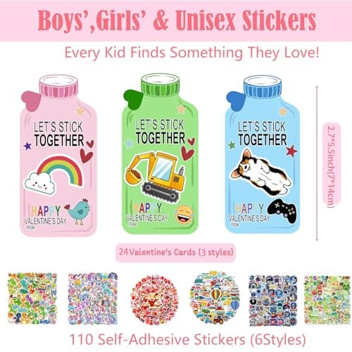 Valentines Day Gifts for Kids Classroom -Stickers Valentine's Day Cards for Class Exchange - Cute Valentine Card for Boys Girls Classmates School - Thumbnail 3