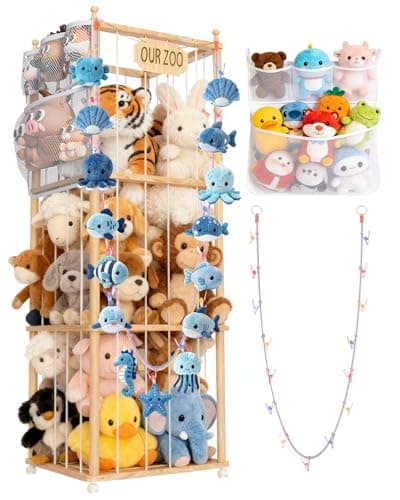 Stuffed Animal Storage, Wood Stuffed Animal Zoo Storage with Wheels, Space Save Toy Organizer, Large Capacity Plush Holder for Playroom Bedroom, 54 inch - Image 1