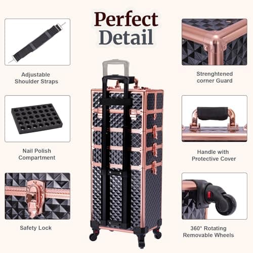 TOPACK Professional 4-In-1 Rolling Makeup Train Case, Large Makeup Travel Case with Key Shoulder Strap/Handle Cushion I Makeup Train Case I Makeup Nail Cart I Cosmetology Case on Wheels(Black Glod) - Thumbnail 4