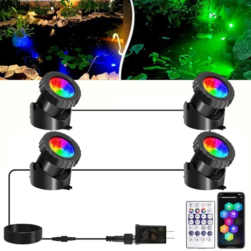 T-SUNUS Smart Bluetooth LED Pond Lights IP68 Waterproof Submersible Underwater Light 4-in-1 Dimmable Timing Landscape Spotlights for Fountains Ponds Waterfalls Aquariums Fish Tank Garden Fountain