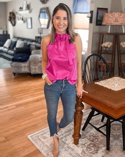 BTFBM Women Sleeveless Tie Mock Neck Summer Tops Loose Casual Side Bow Satin Halter Tank Top Blouse Shirts(Rose Red, Medium) - Thumbnail 3