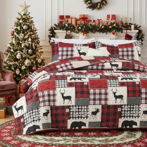 CAROMIO Christmas Quilt Set King Size, Reversible Printed 3 Pieces Quilts Coverlet Bed Set Holiday Decorative Bedding, Soft Microfiber Fabric, 1 Quilt and 2 Pillow Shams (‌Black Red, King) - Image 1