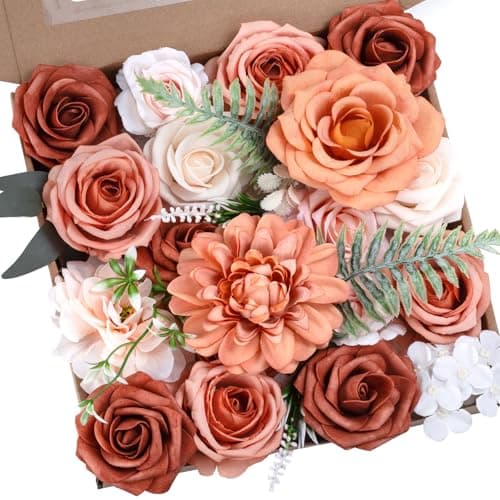 BSMYBO Artificial Flowers Combo Terracotta Flowers Mix Silk Fall Flowers Dahlia Roses with Stems for Wedding Bridal Bouquets, Baby Shower, Floral Arrangement, Table Centerpieces, Home Decorations - Image 1