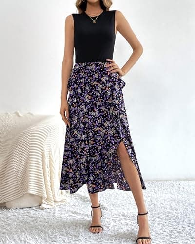 BTFBM Summer Dresses for Women 2026 Casual Spring Floral Sleeveless Ruffle Boho Cocktail Wedding Guest Party Midi Dress(Floral Purple, XX-Large) - Thumbnail 4
