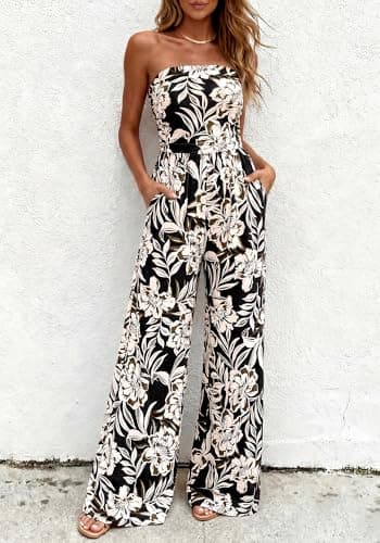 BTFBM Jumpsuits For Women Casual 2026 Floral Strapless Jumpsuit Wide Leg Rompers Beach Vacation Clothes Summer Outfits(Floral Black Beige, XX-Large) - Thumbnail 5