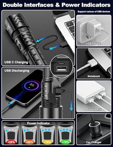 PHIXTON Rechargeable Flashlights High Lumens 10000 Super Bright Long Range 3280FT, Long Lasting 15H Powerful USB C LED Strong Flash Light High Powered, Heavy Duty, Zoomable, for Home Camping Gift - Thumbnail 5