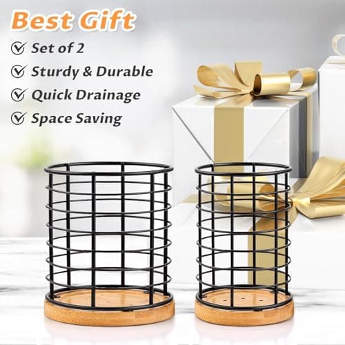 hunnycook 2-Piece Utensil Holders - 5.1*5.1*5.8 and 3.7*3.7*5.8 inches Kitchen Utensil Holders, Metal Black Crocks with Wooden Base, Easy to Drain - Thumbnail 6