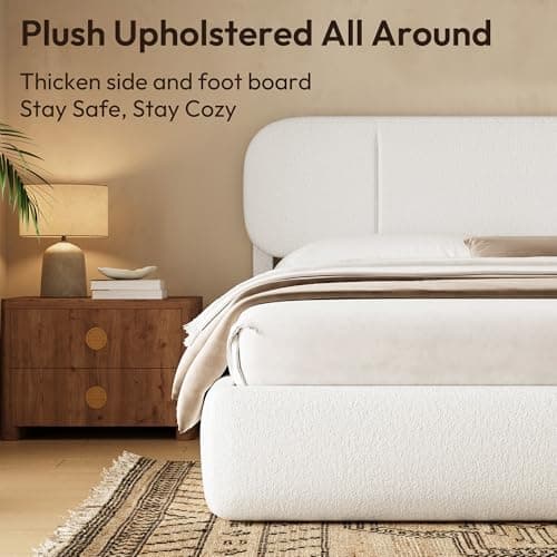 Uteeran King Size Bed Frame with Storage, Boucle Cloud Bed with 4 Locking Drawers & LED Lights, Modern Upholstered Platform Bed, Plush Sides & Footboard, Adjustable Headboard, No Box Spring, White - Thumbnail 5