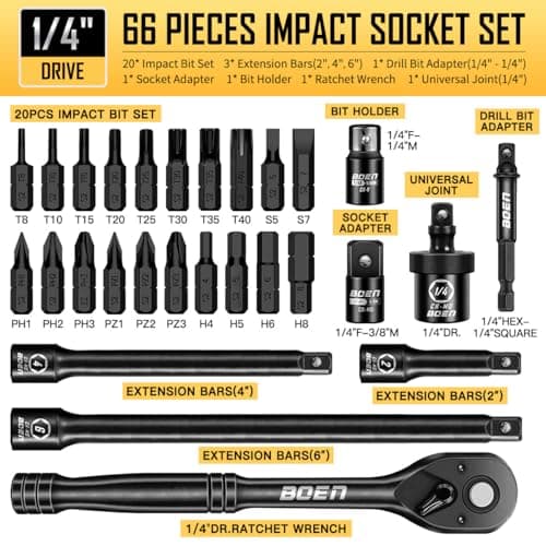 BOEN 1/4" Drive Metric Impact Socket Set, 66-Piece (4-14mm) Deep & Shallow Kit, Includes 5-15mm Swivel Sockets, 72T Ratchet Handle, 2", 4", 6" Extension Bar, Adapters, Universal Joint & Impact Bit - Thumbnail 3