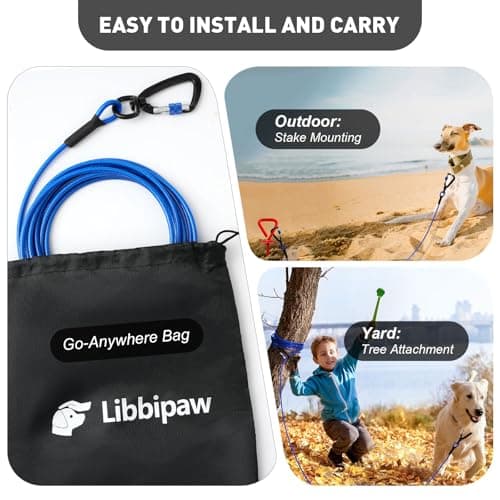 Libbipaw Dog Tie Out Cable 15FT Heavy Duty Chew Proof, Tangle-Free Runner with 360° Swivels & Locking Clip for Large Dogs Up to 250LBS - Rust Proof Leash for Yard, Camping, Outside (Blue 15FT) - Thumbnail 5