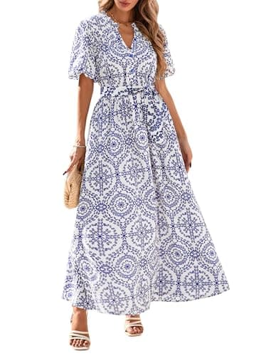 KIRUNDO Women Spring Summer Wedding Guest Boho Floral Maxi Dress Puff Sleeve Button Shirt V Neck Flowy Beach Vacation Dress(Blue, Medium) - Image 1