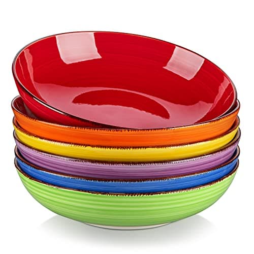 vancasso Bonita Pasta Bowls Set of 6, 38 oz Shallow Ceramic Bowls for Pasta, Salad, Soup & More - Microwave, Dishwasher & Oven Safe - Assorted Colors