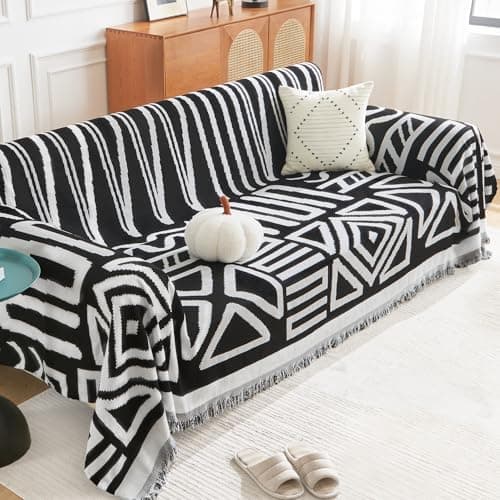 Andency Couch Cover Sofa Cover for 3 Cushion Oversized Slipover, Boho Washable Sectional Large Couch Covers for L-Shape Dogs Sofa Protector, Anti Slip Reversible Couch Covers, 71''x150'', Black - Image 1