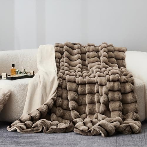 DCSKY Cozy Faux Fur Throw Blanket for Bed-Warm Fuzzy Throw Blanket, Cozy Soft and Fuzzy Plush Rabbit Fur Bubble Blanket Blankets for Bedroom and Living Room, Furry Luxury Blanket 60" x 80"Curry - Image 1