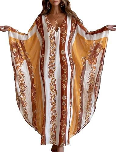 ZAFUL Kaftan Dresses for Women Moo Moos Plus Size O Ring V Neck Batwing Sleeves Beach Cover Ups Hawaii Summer Vacation Outfits Caftan Maxi Dress Loungewear Yellow Floral - Image 1