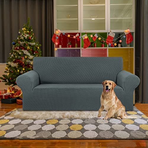 KEKUOU Stretch Loveseat Sofa Cover Slipcover,Couch Covers for 2 Cushion Couch Sofa (55"-78") Furniture Protector Sofa with Elastic Bottom for Kids,Dog. Jacquard Small Checked (Medium,Grey) - Thumbnail 2