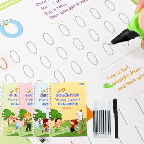 Magical Handwriting Workbooks Handwriting Practice Magic Copybook, Handwriting Aid Magic Pen Reusable Copybook Grooves Template Design for Children(4 Books, 10 Pens & 1 Pencil Grip)