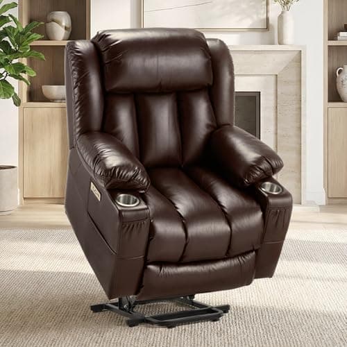 Kasunpul Oversized Power Lift Recliner with Massage and Heat for Elderly, Heavy Duty Reclining Chair, Faux Breathable Leather, Includes USB/Type-C Ports, 2 Cup Holders& Remote Control, Brown - Image 1