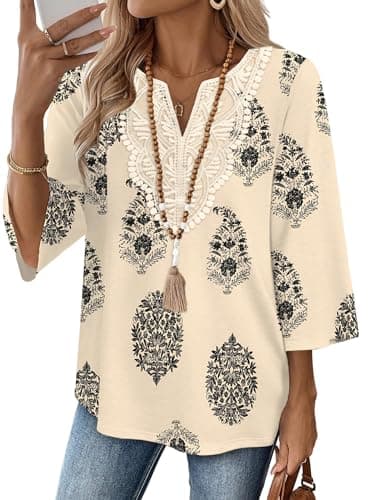 WIHOLL Hawaiian Shirts for Women Cruise Outfits for Women 2026 Resort Wear Business Casual Outfits 3/4 Sleeve Spring Tops Fall Clothes Winter Clothing Boho Fashion Vacation Tees Apricot XL - Image 1