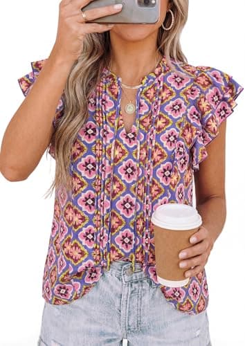 PRETTYGARDEN Women's Boho Flutter Sleeve Blouses Floral Print V Neck Summer Tops Casual Dressy Work Shirts Spring Clothes (Floral Purple Red,XXL) - Thumbnail 5