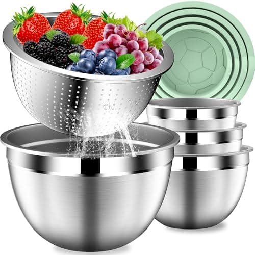 DUTZUN Mixing Bowls with Lids Set, Stainless Steel Mixing Bowl Set with Colander, Strainer with Bowls - Pistachio - Image 1