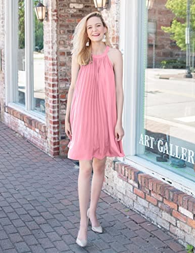 PRETTYGARDEN Summer Mini Halter Dresses for Women 2025 Sleeveless Pleated Short A Line Flowy Beach Wedding Guest Dress (Pink,Medium) - Thumbnail 5