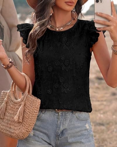 KIRUNDO Summer Tops for Women 2026 Ruffle Cap Sleeve Lace Embroidered Floral Boho Shirts Dressy Casual Blouses Cruise Outfits(Black, Small) - Thumbnail 3