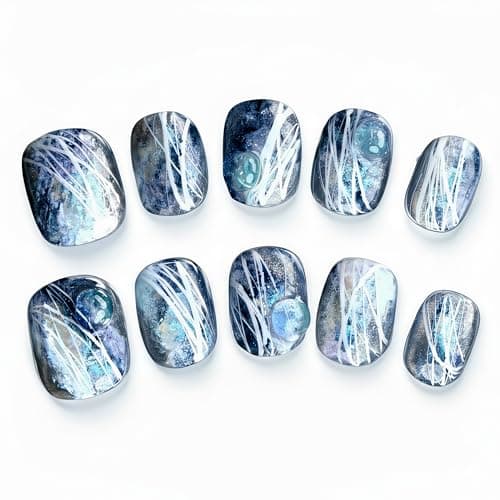 Fine Point Midnight Nebula Press On Nails for Women, 10pcs Short squoval False Nails, Handmade Galaxy Marble with White Line Art, Reusable Glue On Nails (Size Medium) - Image 1