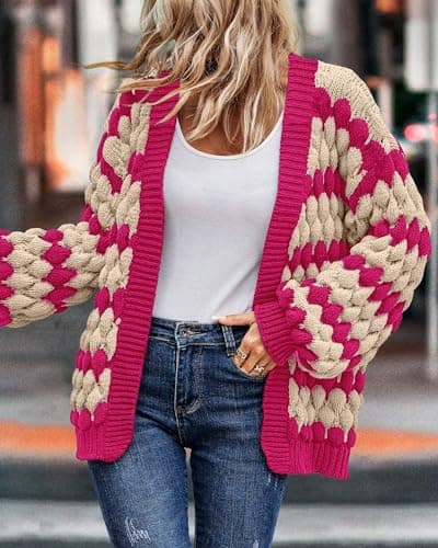 KIRUNDO Womens Cardigans Cute Color Block Stripe Long Sleeve Cardigan Sweaters Crochet Chunky Knit Sweater Outwear Trending Clothes for Women 2026 Hot Pink Outfits(Rose Red, Medium) - Thumbnail 5