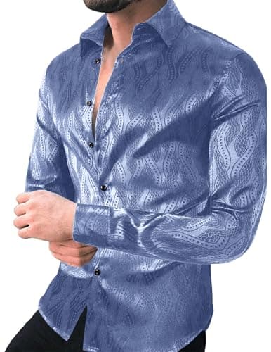 ZAFUL Mens Long Sleeve Shirts Button Up Solid Casual Jacquard Business Formal Silky Dress Shirt Blue S - Thumbnail 2