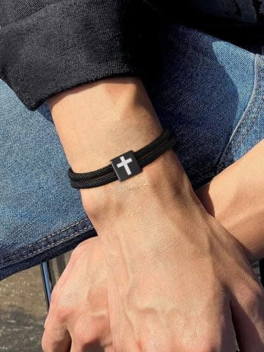 Sistble Christian Gifts for Men, Easter Gifts for Teen Boys Black Cross Bracelet for Men Confirmation Gifts Psalm Bible Verse Religious Catholic First Communion Gifts Braided Rope Jewelry - Thumbnail 3