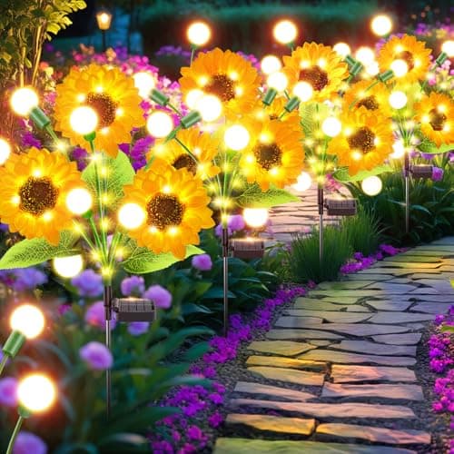 Garpar Garden Lights Solar Powered, Upgraded 4 Pack Bigger Solar Sunflowers with Swaying Firefly Lights, Brighter Waterproof Solar Yard Lights for Outdoor Garden Pathway Patio Lawn Backyard, Gift - Image 1